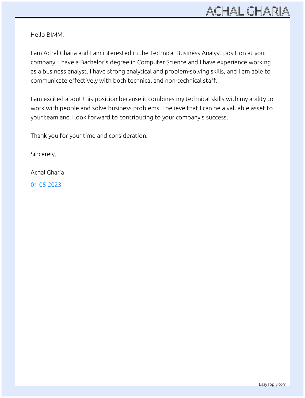 Technical Business Analyst At BIMM Cover Letter