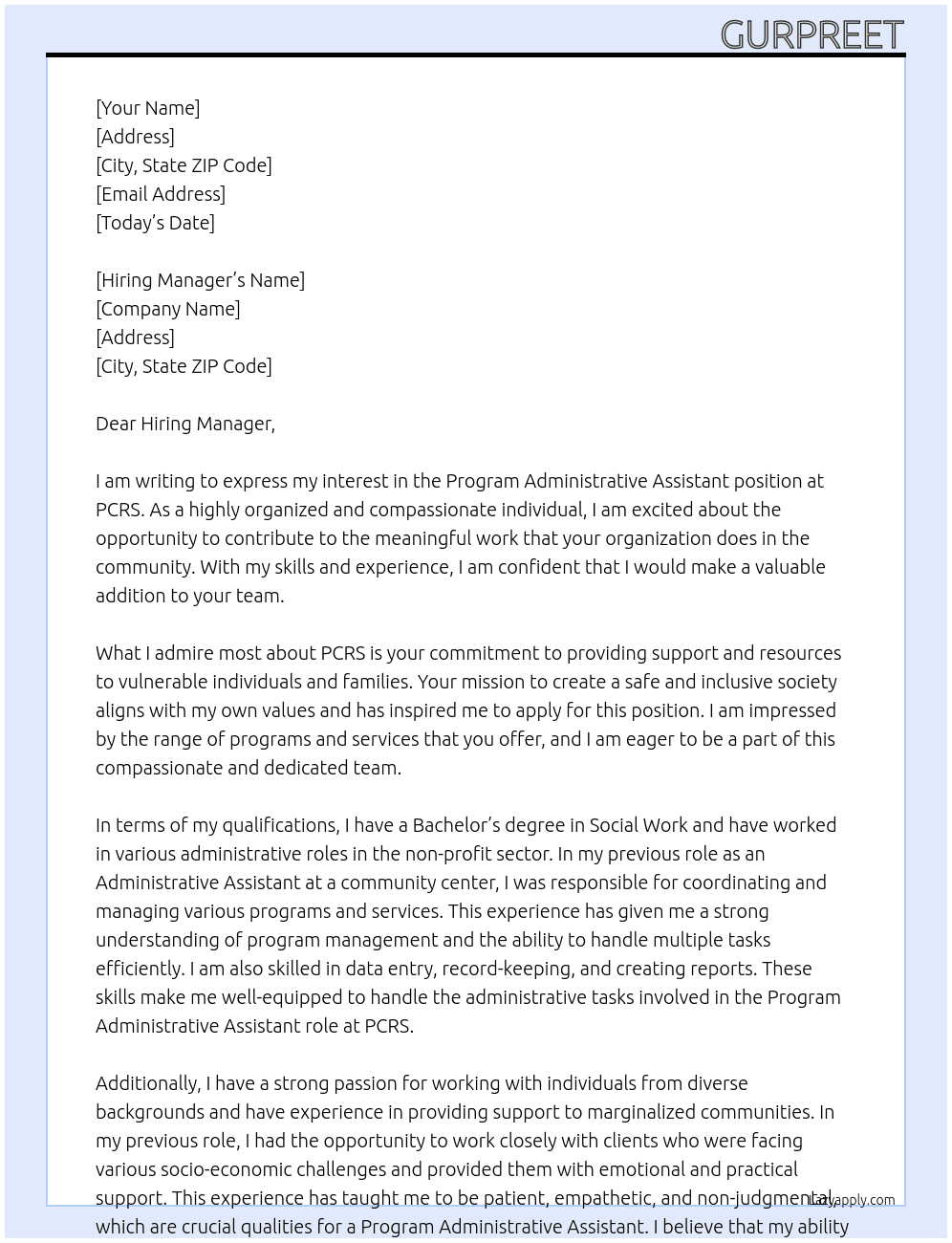 Program Administrative Assistant At PCRS Cover Letter