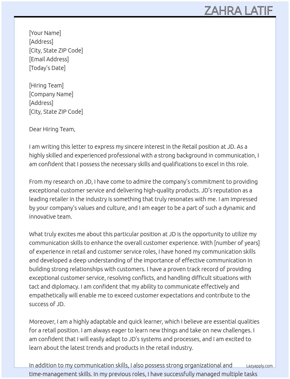 Retail At JD Cover Letter