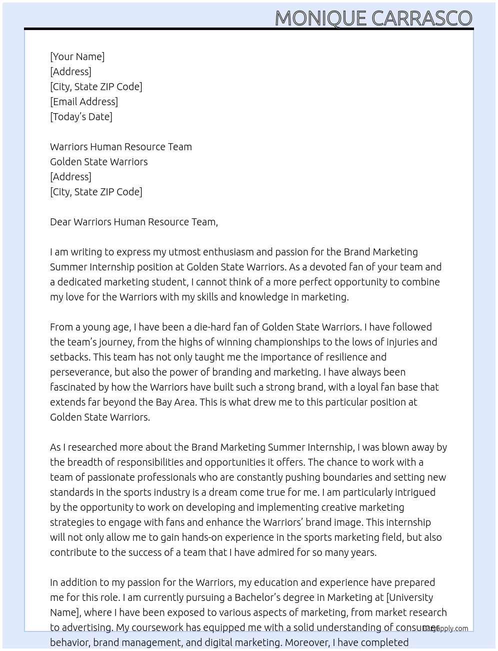 Brand Marketing Summer Internship At Golden State Warriors Cover Letter