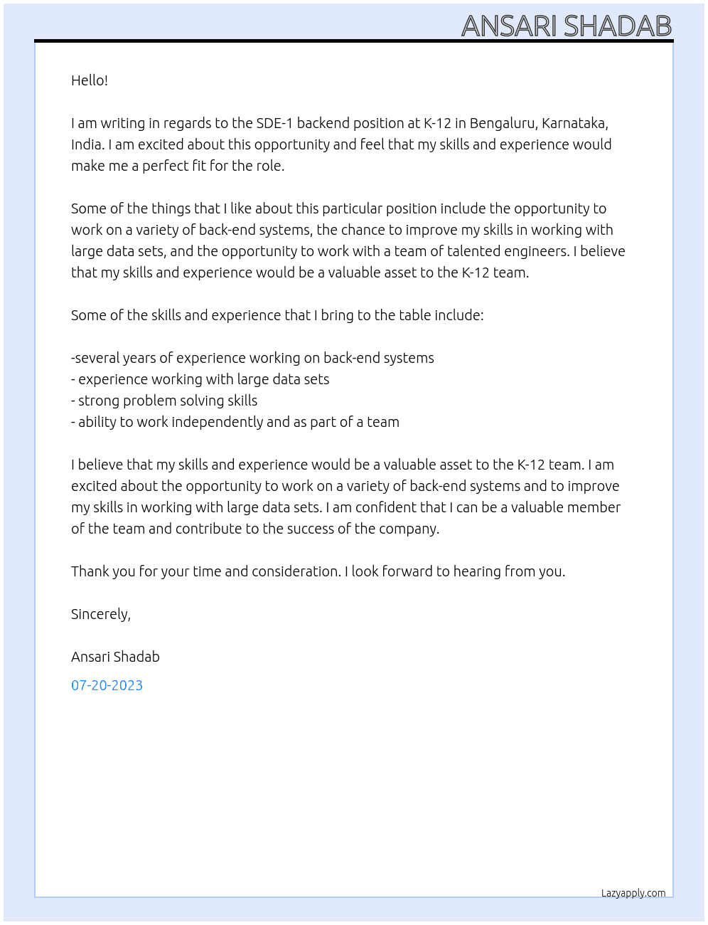 SDE-1 backend At K-12 Cover Letter