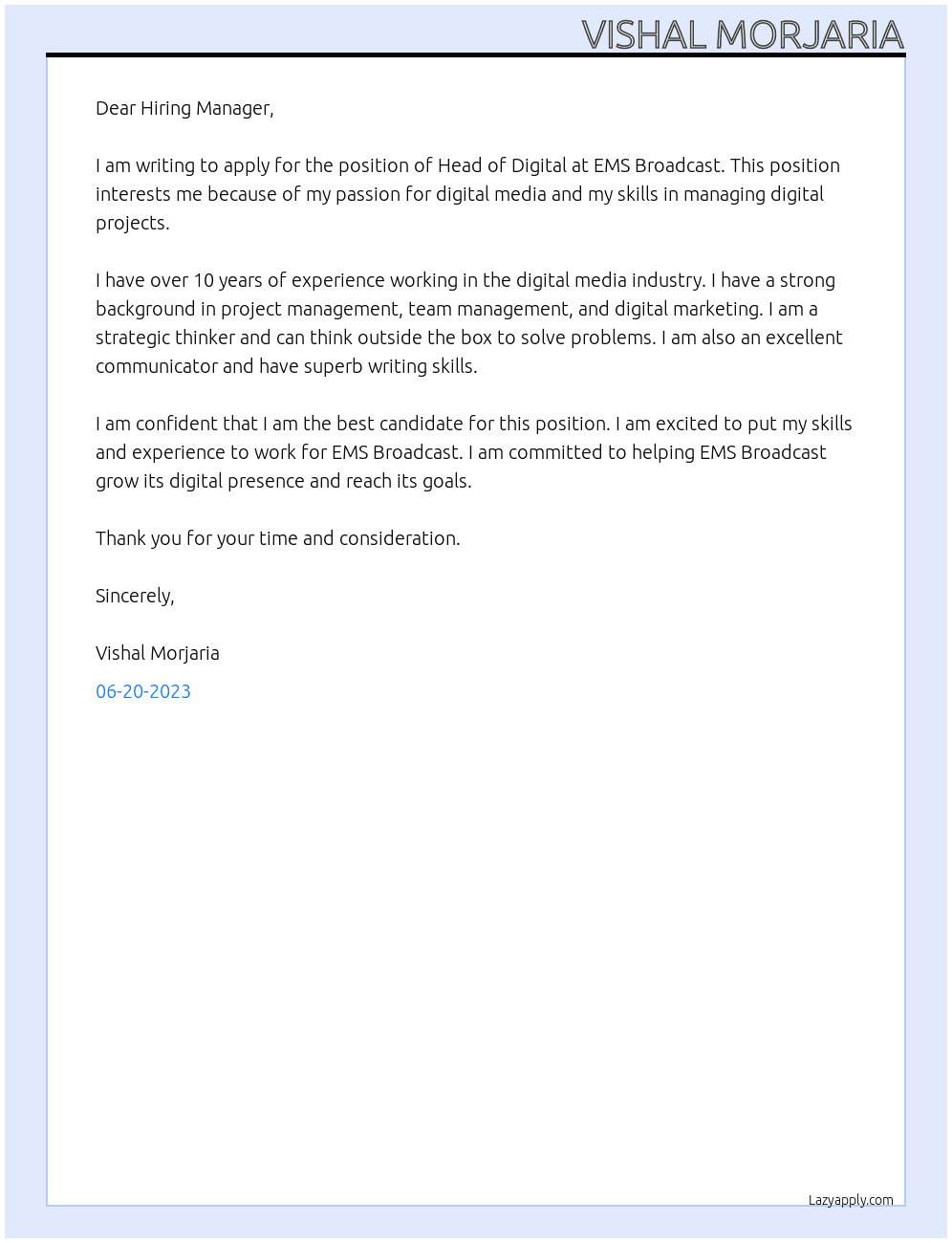 Head of Digital At EMS Broadcast Cover Letter