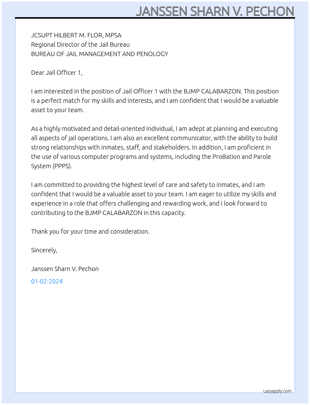 Jail Officer 1 At BUREAU OF JAIL MANAGEMENT AND PENOLOGY Cover Letter