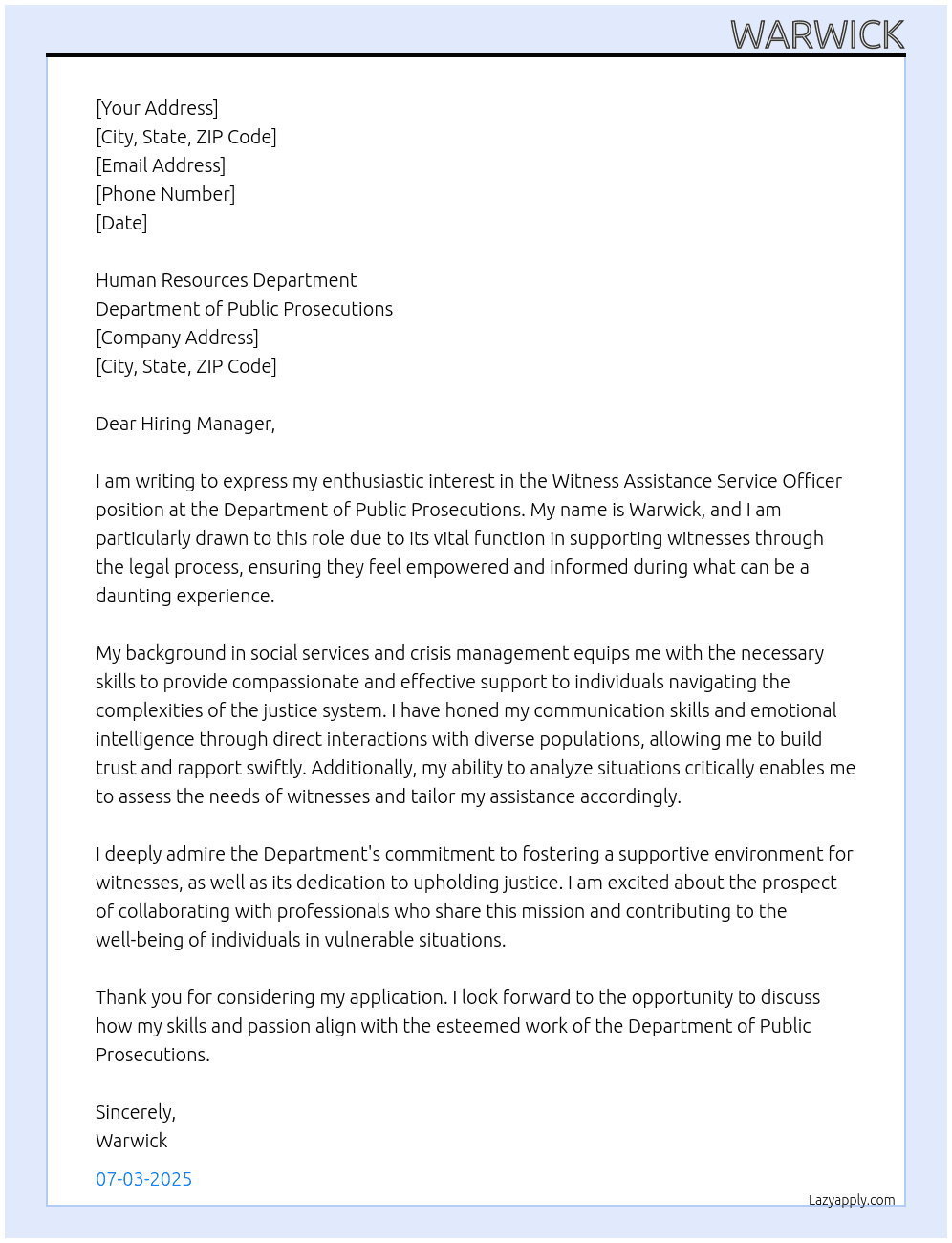 Wiyness Assistance Service Officer At Department Public Prosecutions Cover Letter
