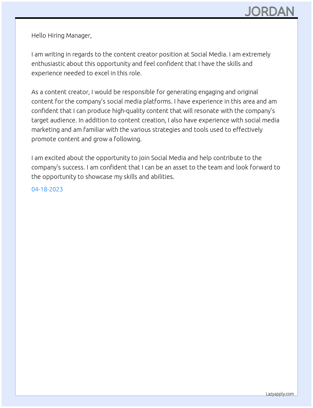 Content creator  At Social media  Cover Letter