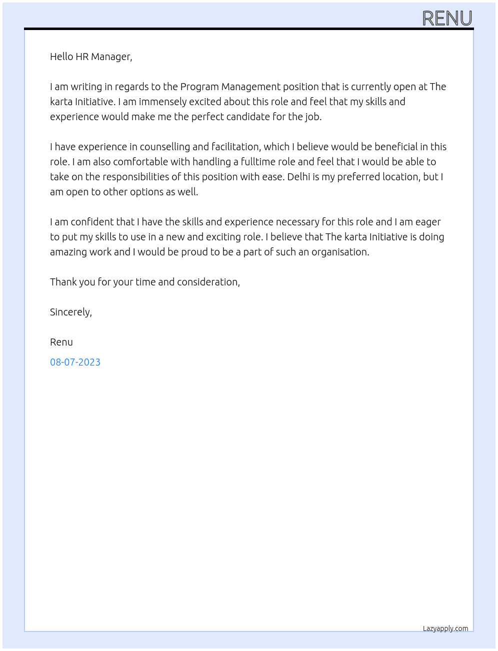 Program Management At The karta Initiative Cover Letter