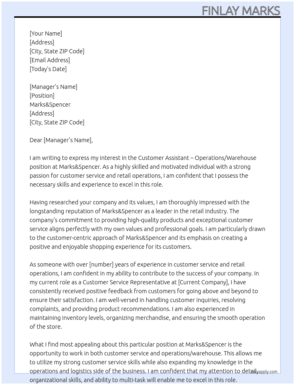 Customer Assistant - Operations/Warehouse At Marks&Spencer Cover Letter