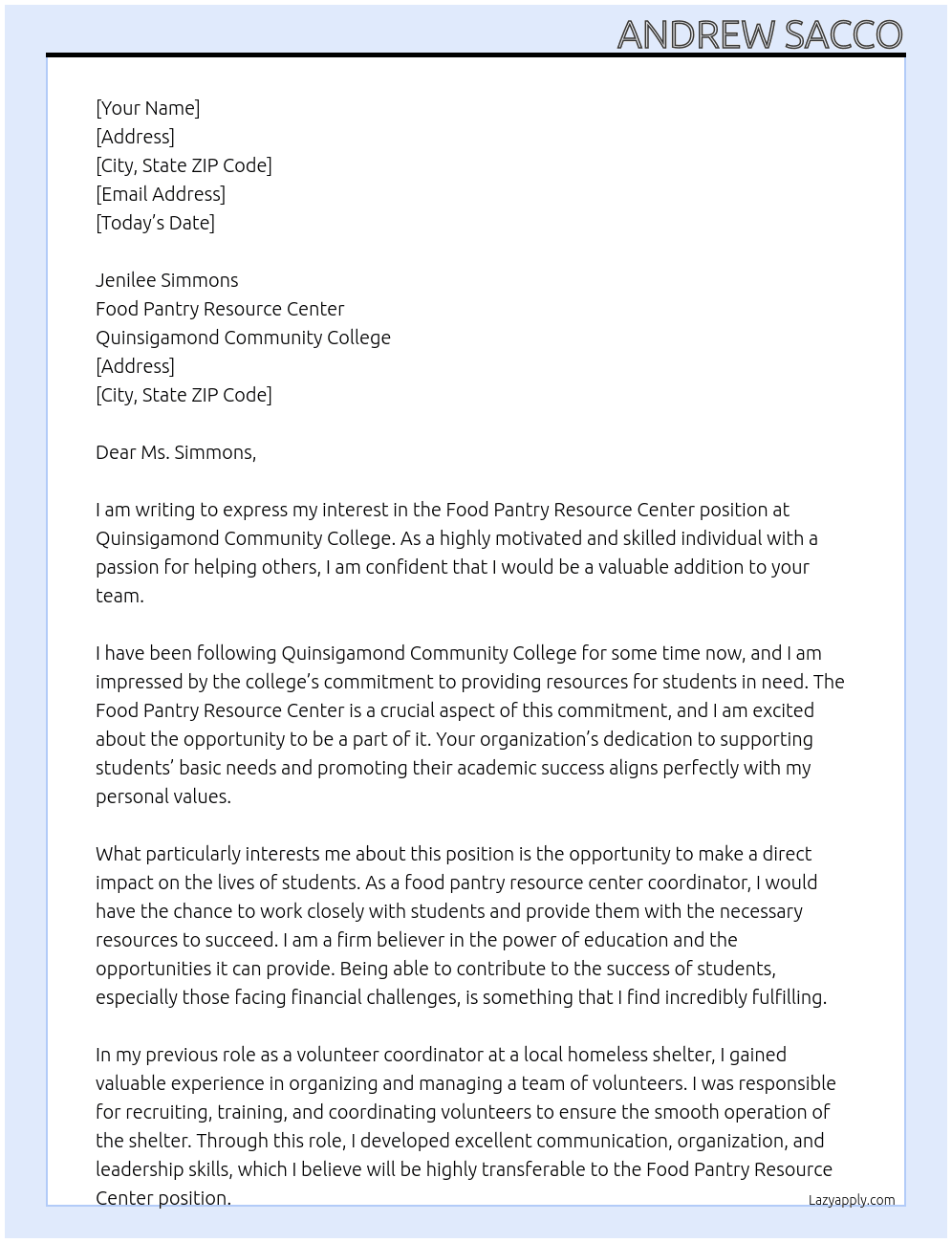 Food Pantry Resource Center  At Quinsigamond Community College Cover Letter