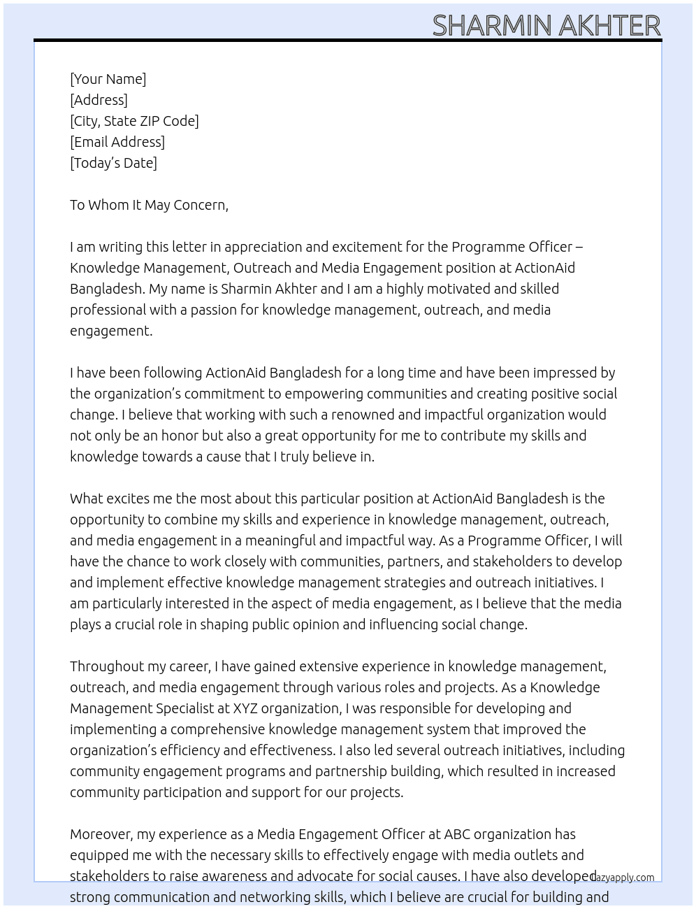 Programme Officer – Knowledge Management, Outreach and Media Engagement At ActionAid Bangladesh Cover Letter