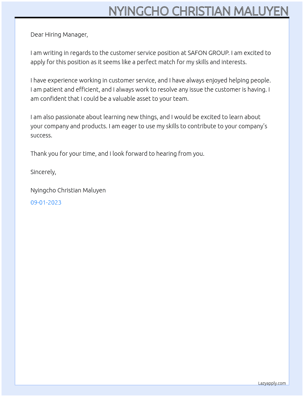 Customer service  At SAFON GROUP Cover Letter