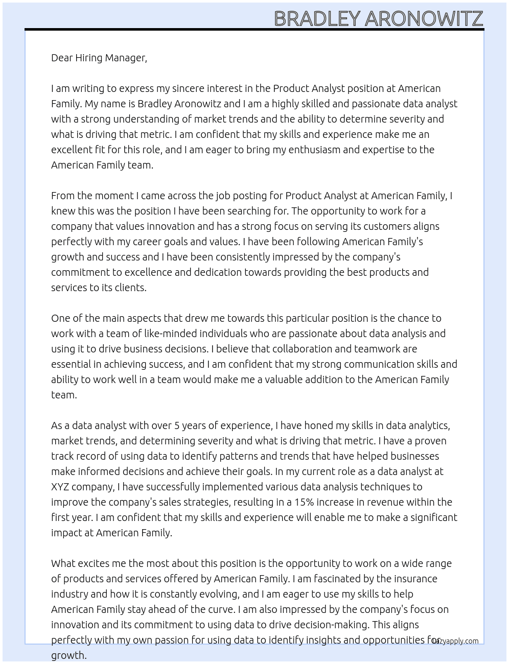 Product Analysts At American Family  Cover Letter
