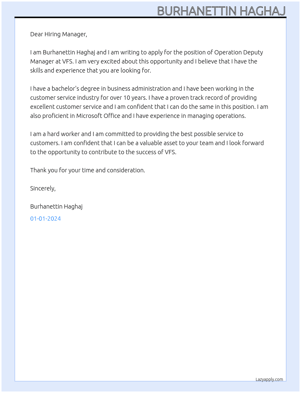 Operation Deputy Manager At VFS Cover Letter