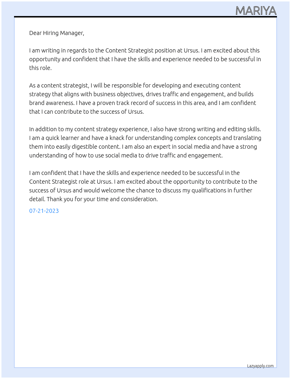 Content Strategist At ursus Cover Letter