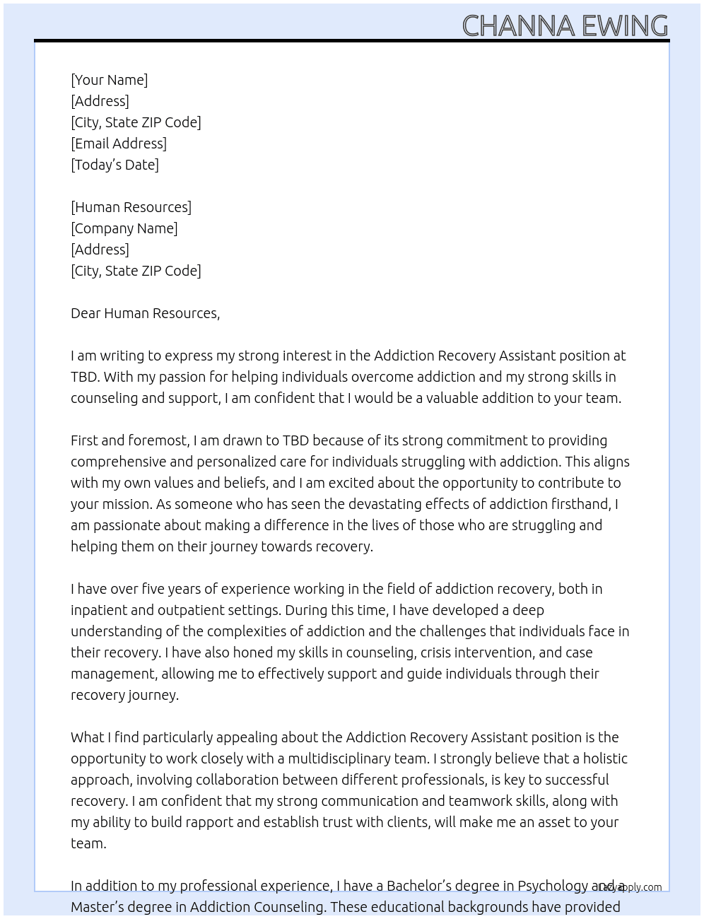 Addiction Recovery Assistant At TBD Cover Letter