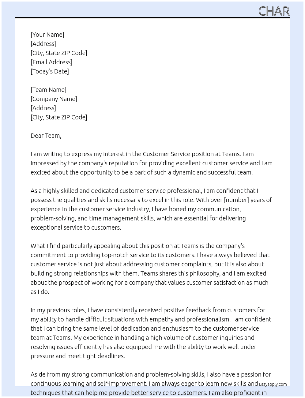 Customer Service At Teams Cover Letter
