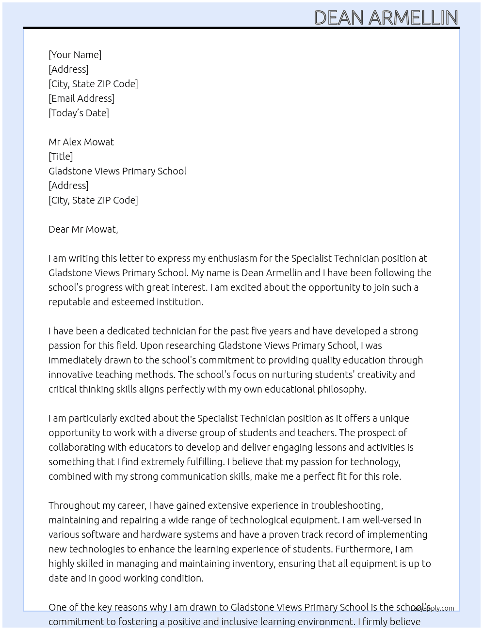 Specialist Technician At Gladstone Views Primary School Cover Letter
