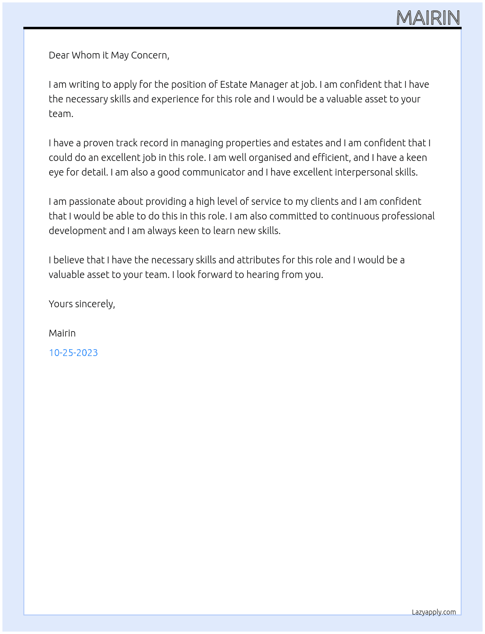 Estate Manager At job Cover Letter