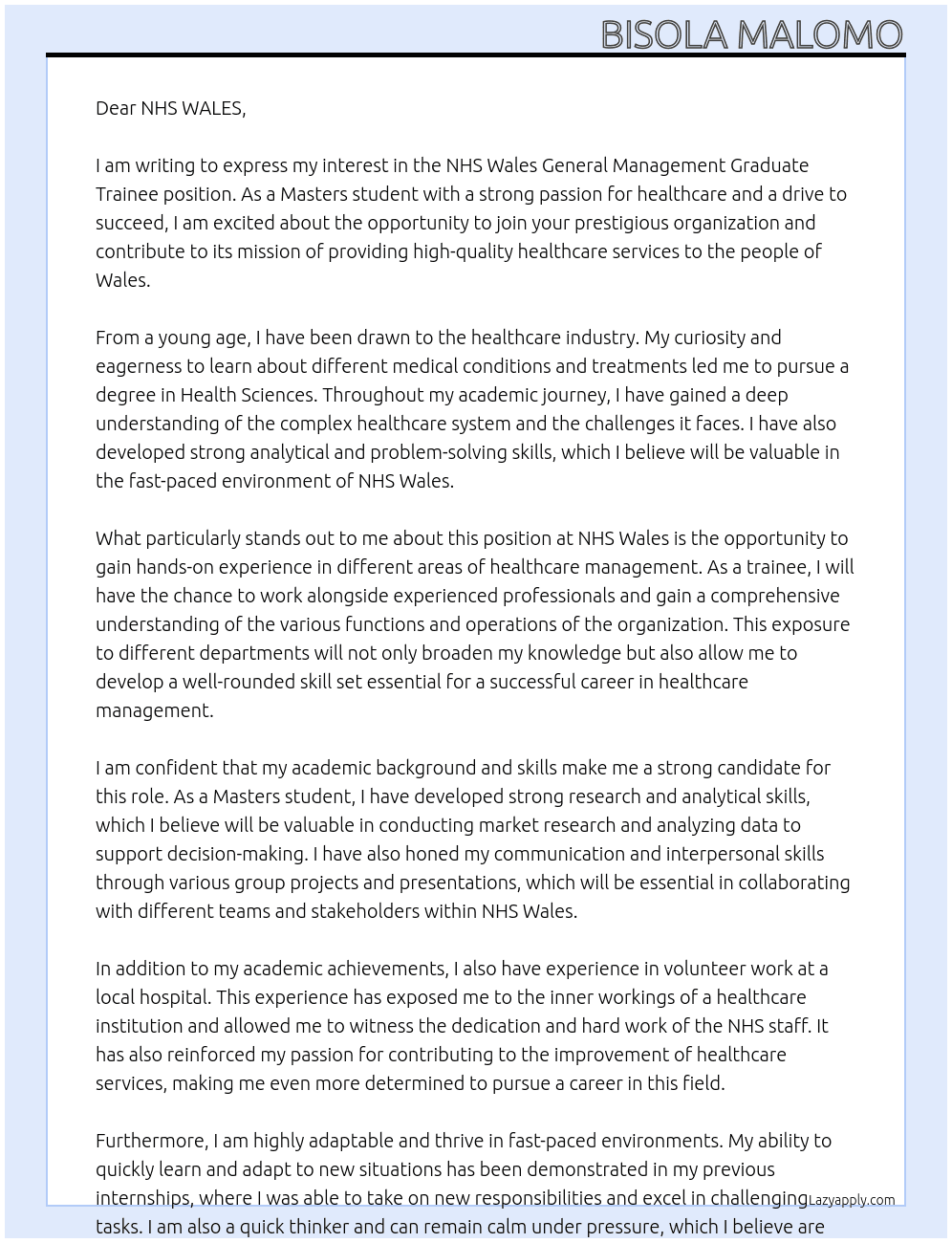 NHS Wales General Management Graduate Trainee At NHS WALES Cover Letter