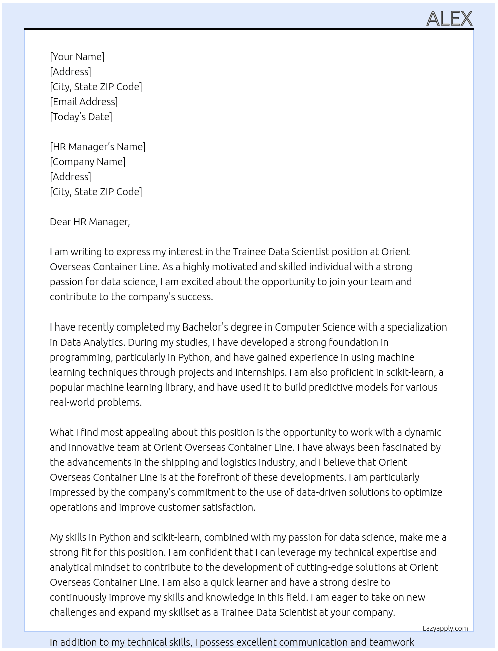 Trainee, Data Scientist At Orient Overseas Container Line Cover Letter