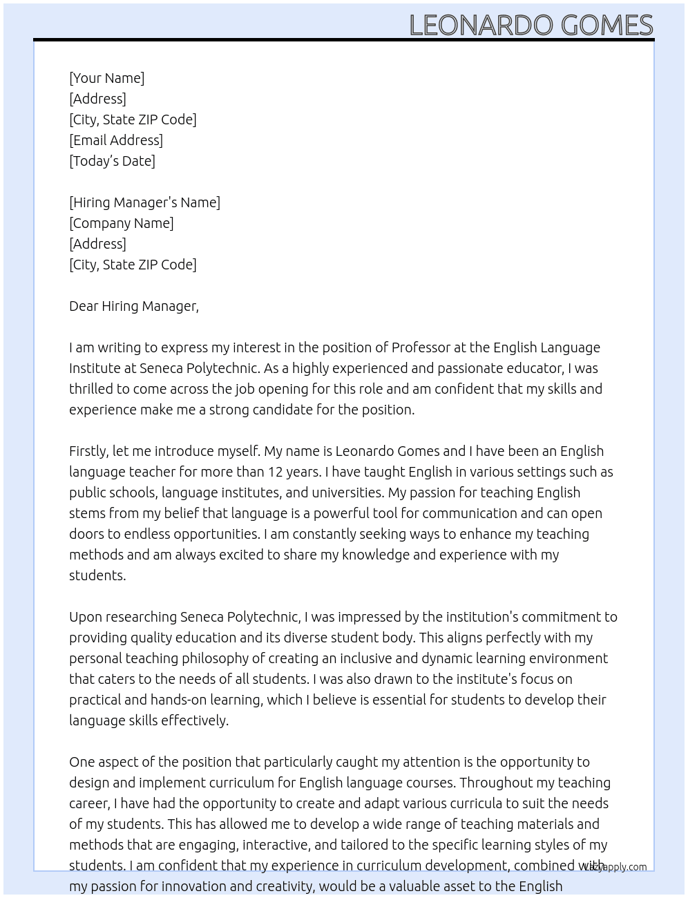 Professor English Language Institute  At Seneca Polytechnic Cover Letter