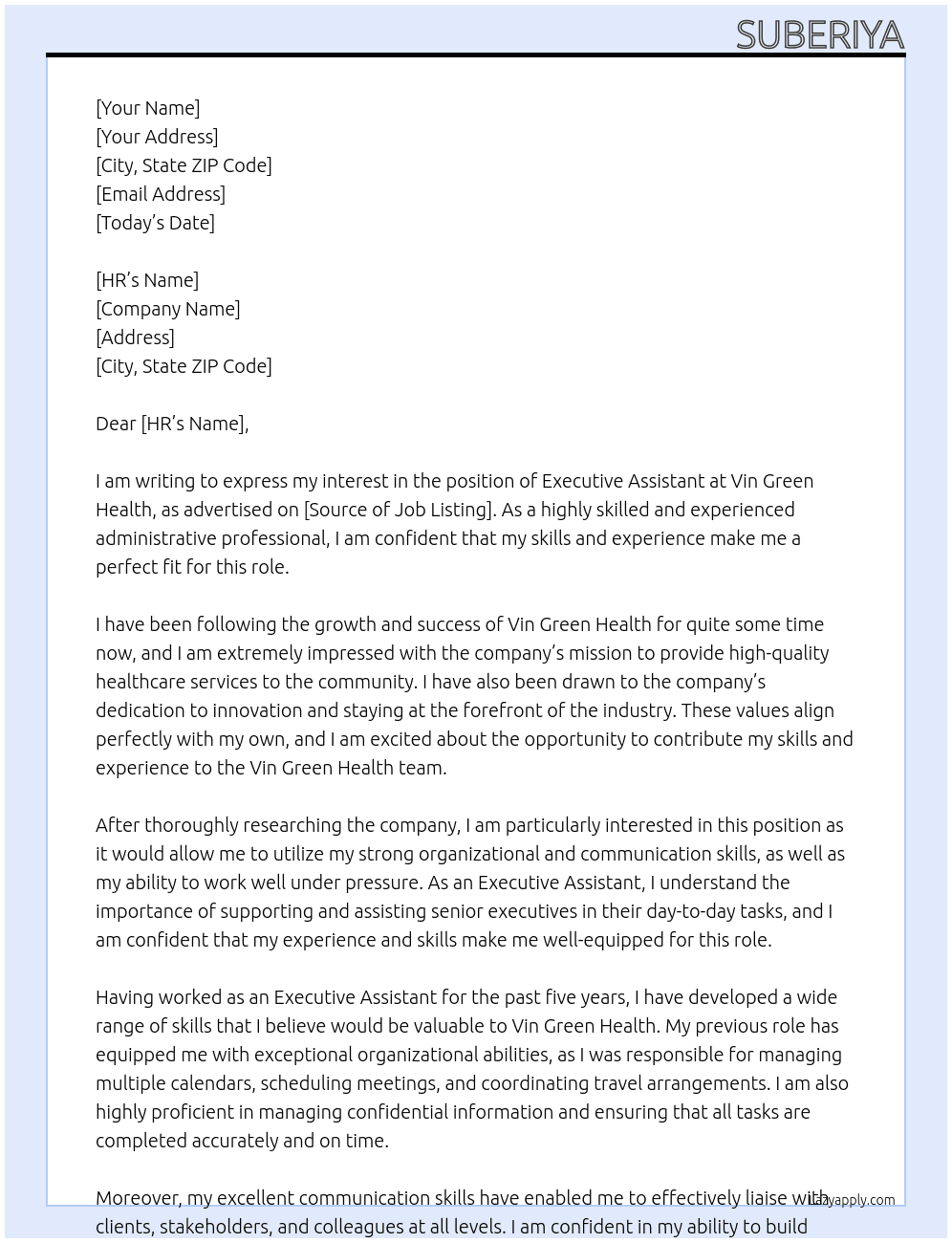 Executive Assistant At Vin Green Health Cover Letter