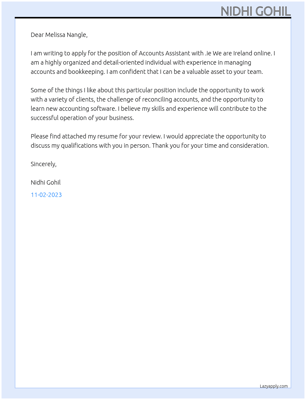 Accounts Assistant At .ie We are Ireland online Cover Letter