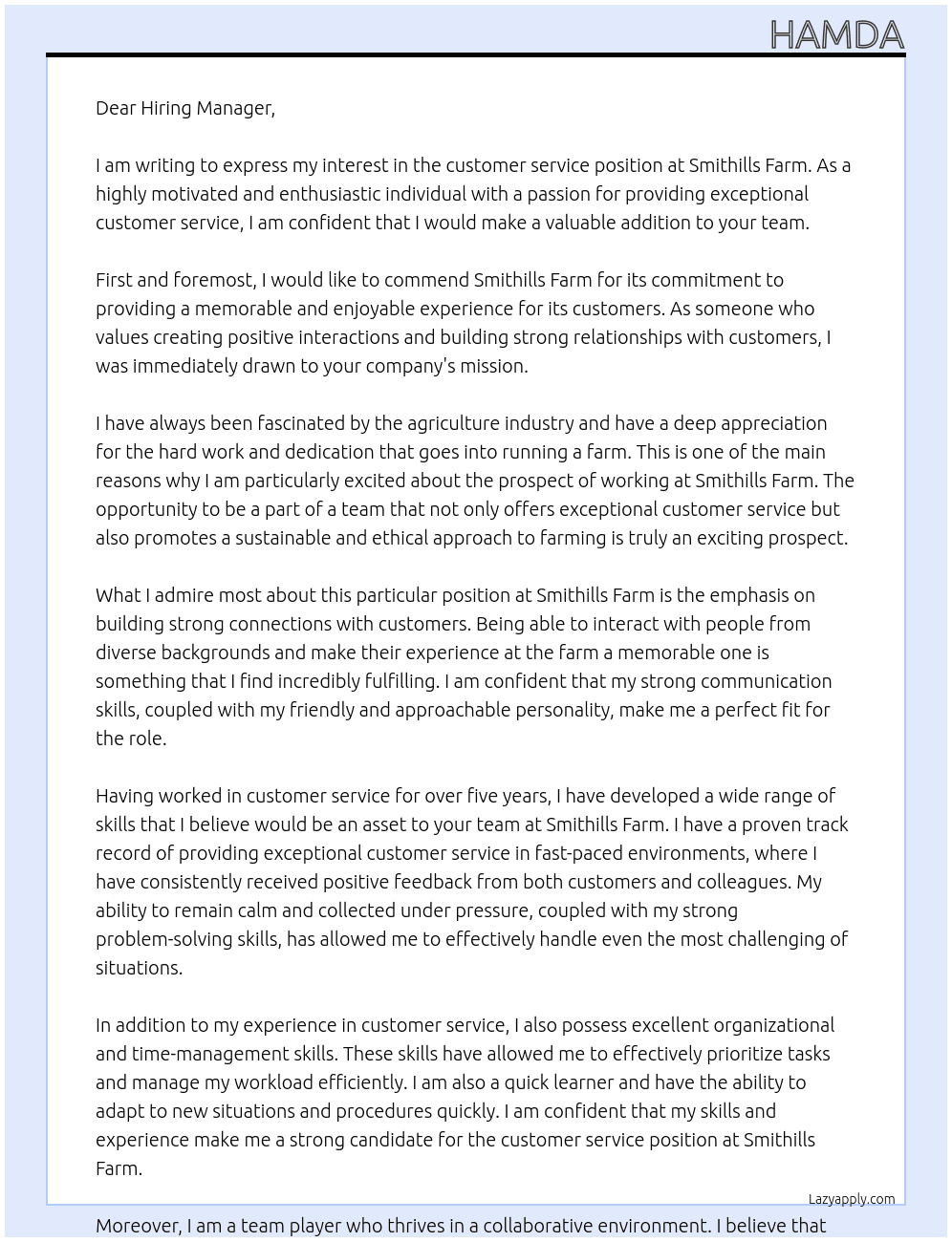 customer service At smithills farm Cover Letter