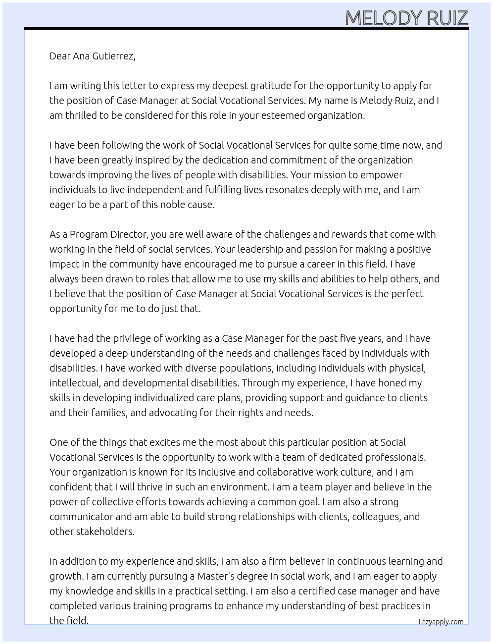 Case Mamager At Social Vocational Services Cover Letter