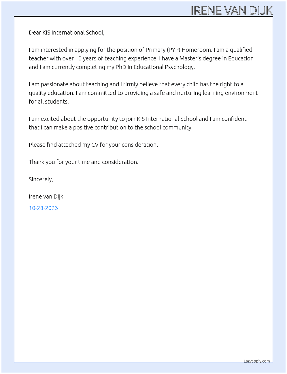 Primary (PYP) Homeroom At KIS International School, Bangkok Cover Letter