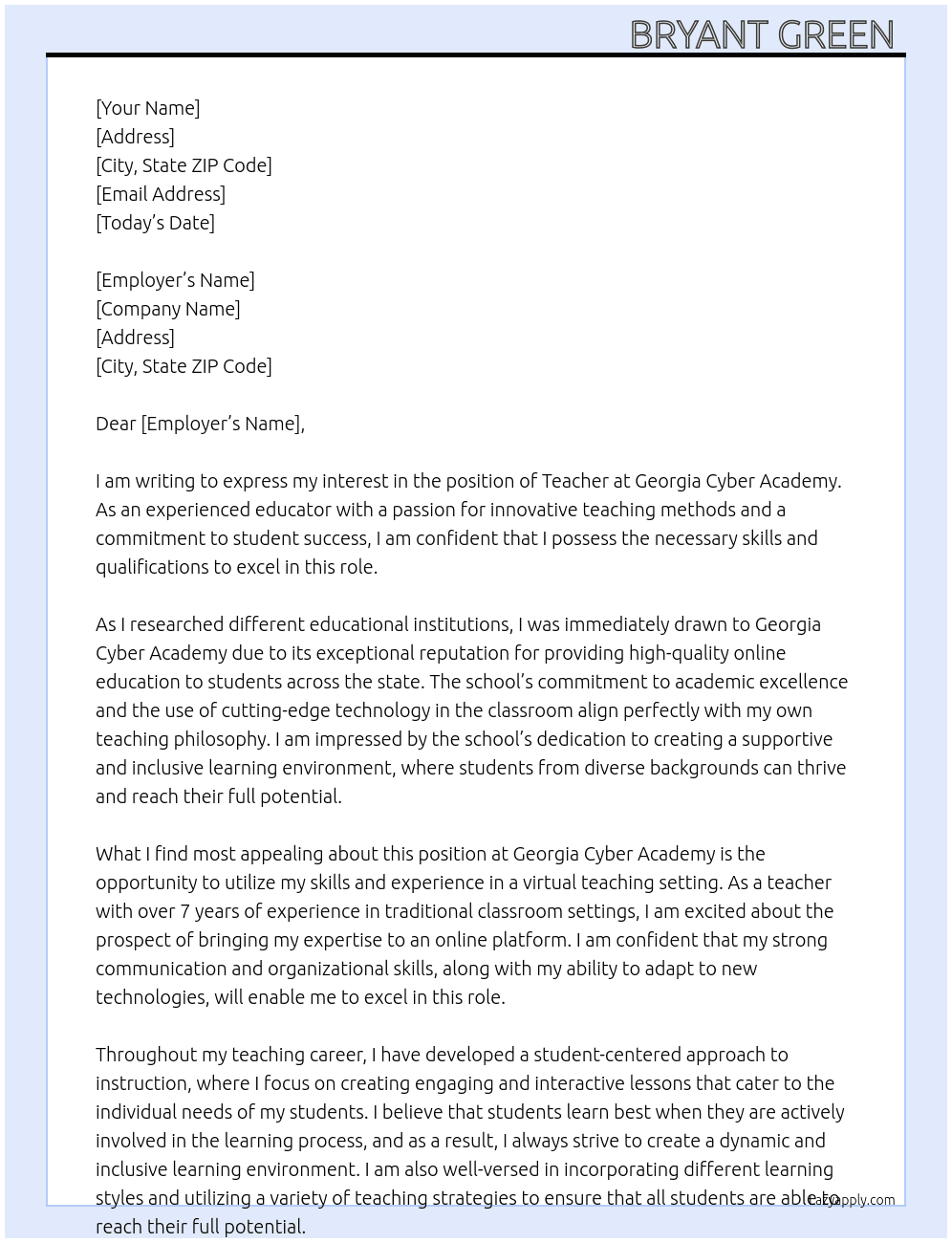 Teacher  At Georgia Cyber Academy  Cover Letter