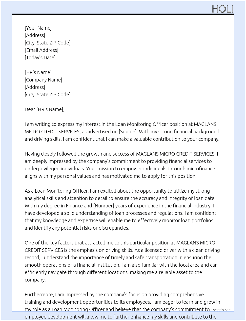 Loan Monitoring Officer  At MAGLANS MICRO CREDIT SERVICES  Cover Letter