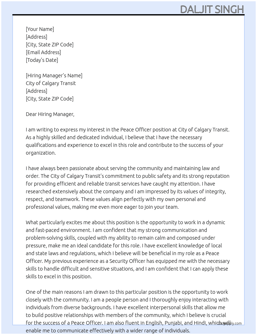 Peace Officer At City of calgary Transit Cover Letter