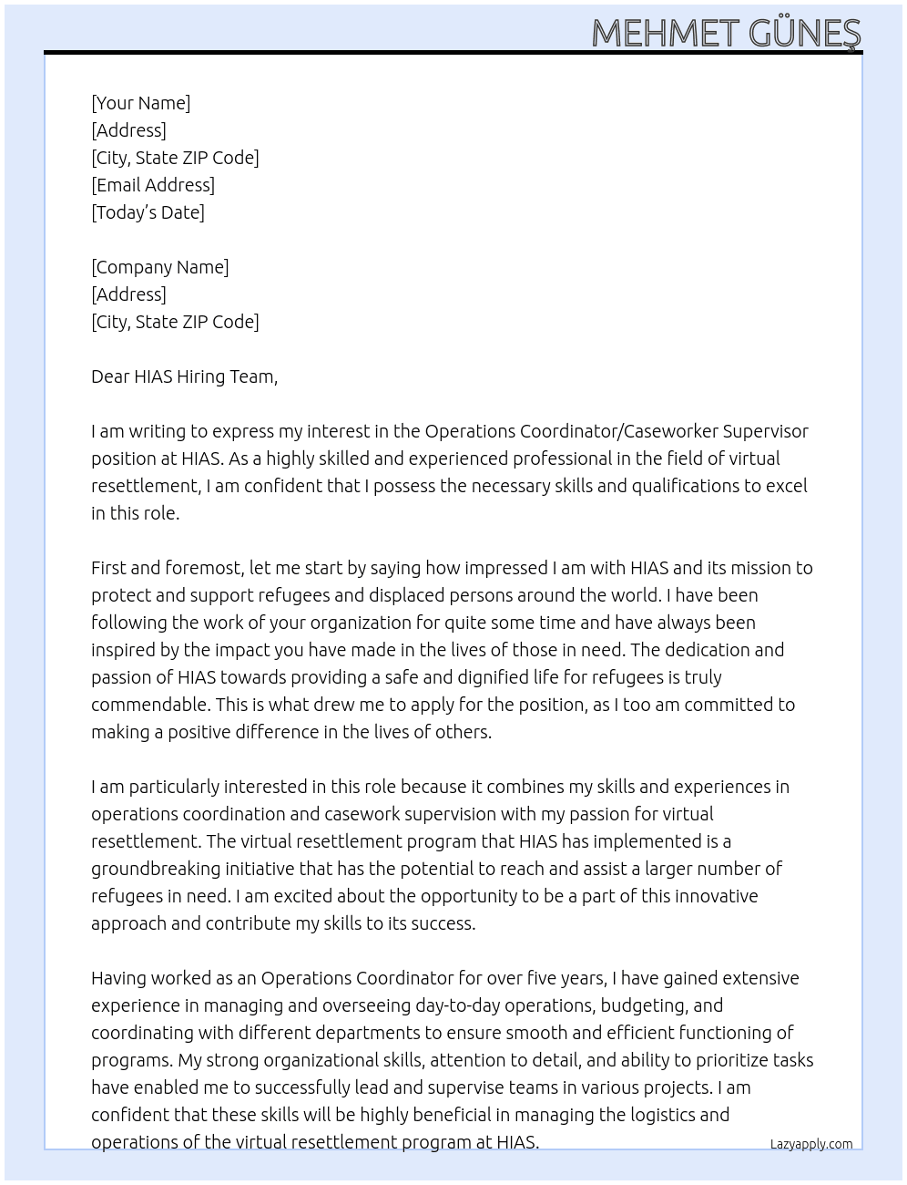 Operations CoordinatoCaseworker Supervisor, Virtual Resettlementr, Virtual Resettlement At HIAS Cover Letter