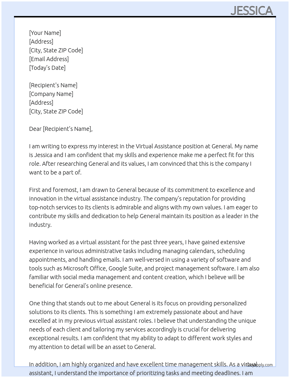 virtual assistance   At General  Cover Letter