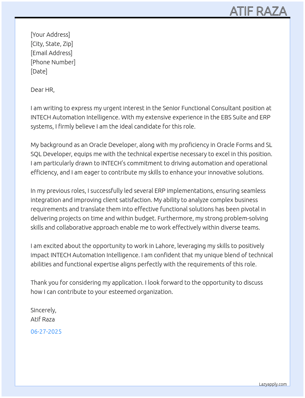 Senior Functional Consultant At INTECH Automation Intelligence Cover Letter