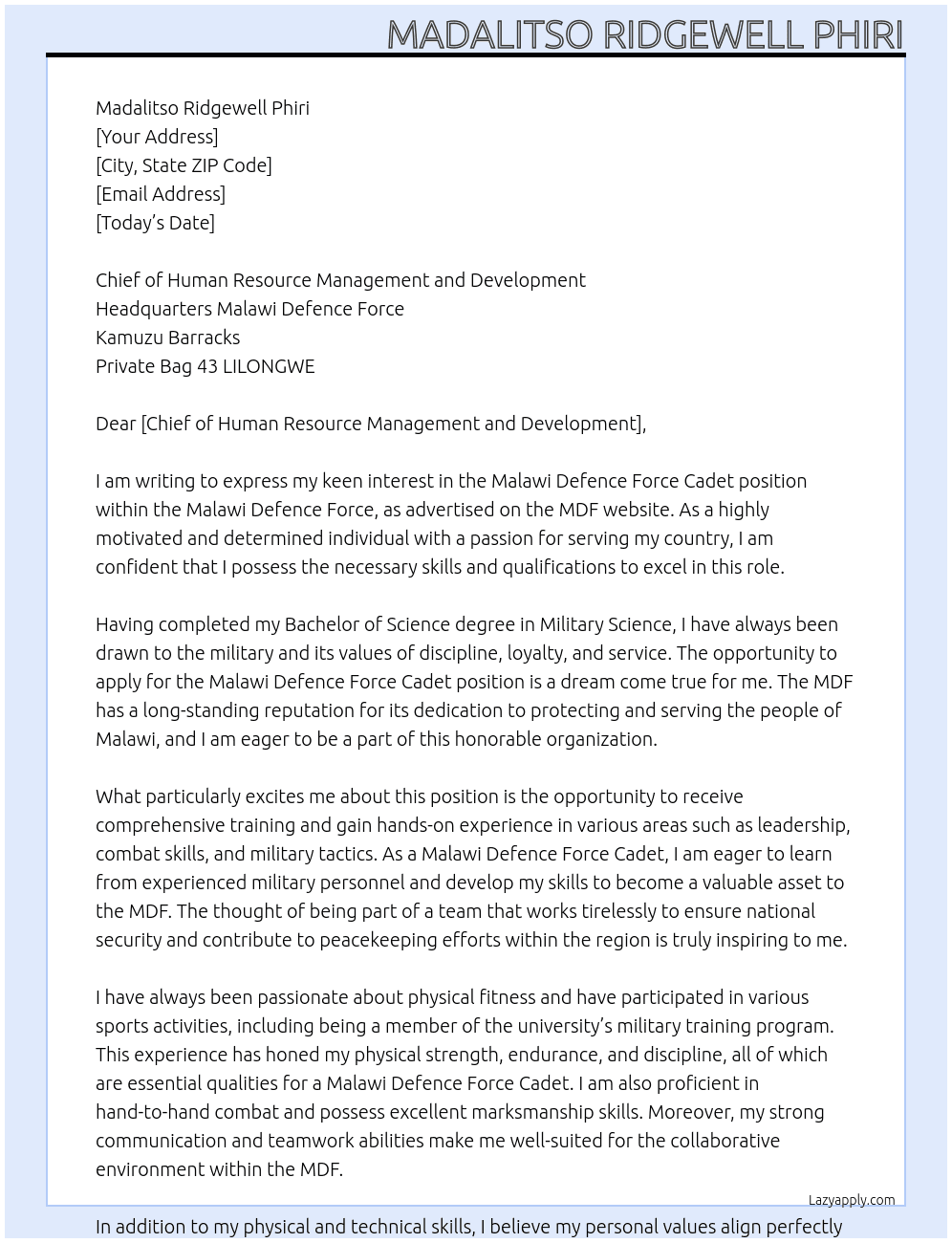 Malawi Defence Force Cadet At Malawi Defence Force Cover Letter