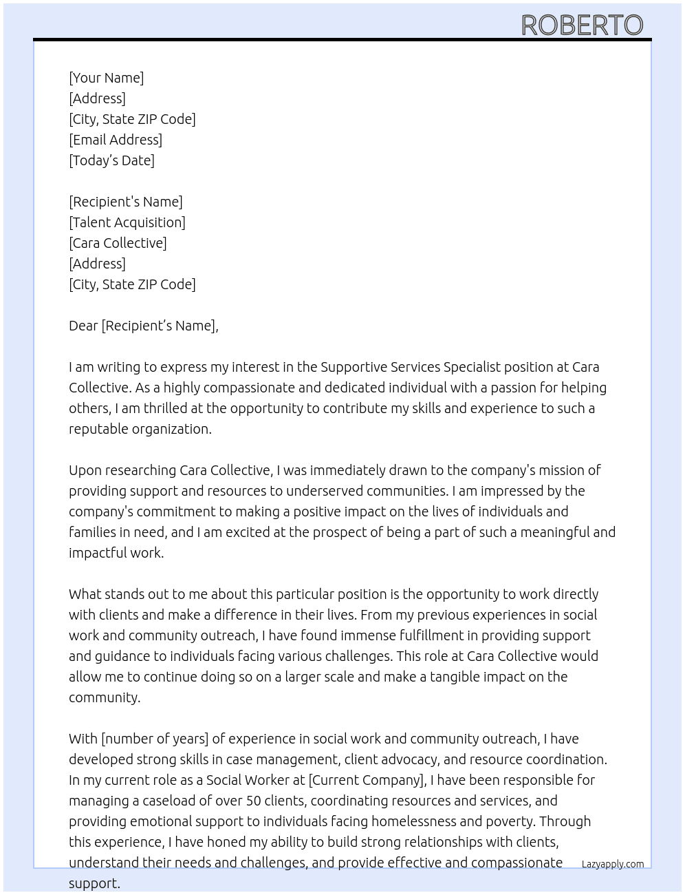 Supportive Services Specialist At Cara Collective Cover Letter