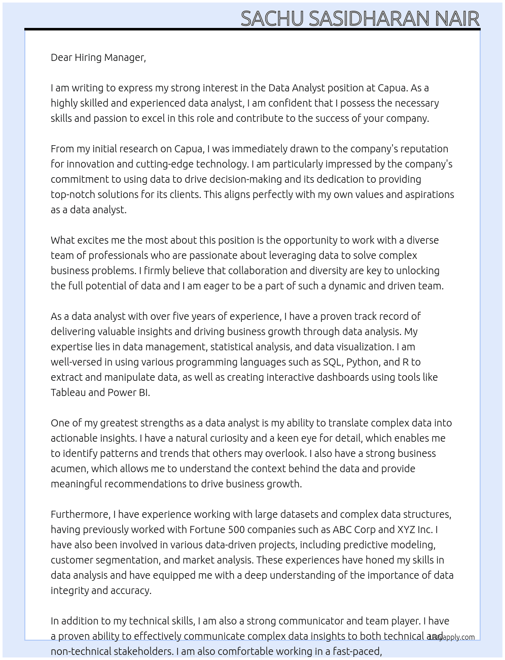 Data Analyst At Capua Cover Letter