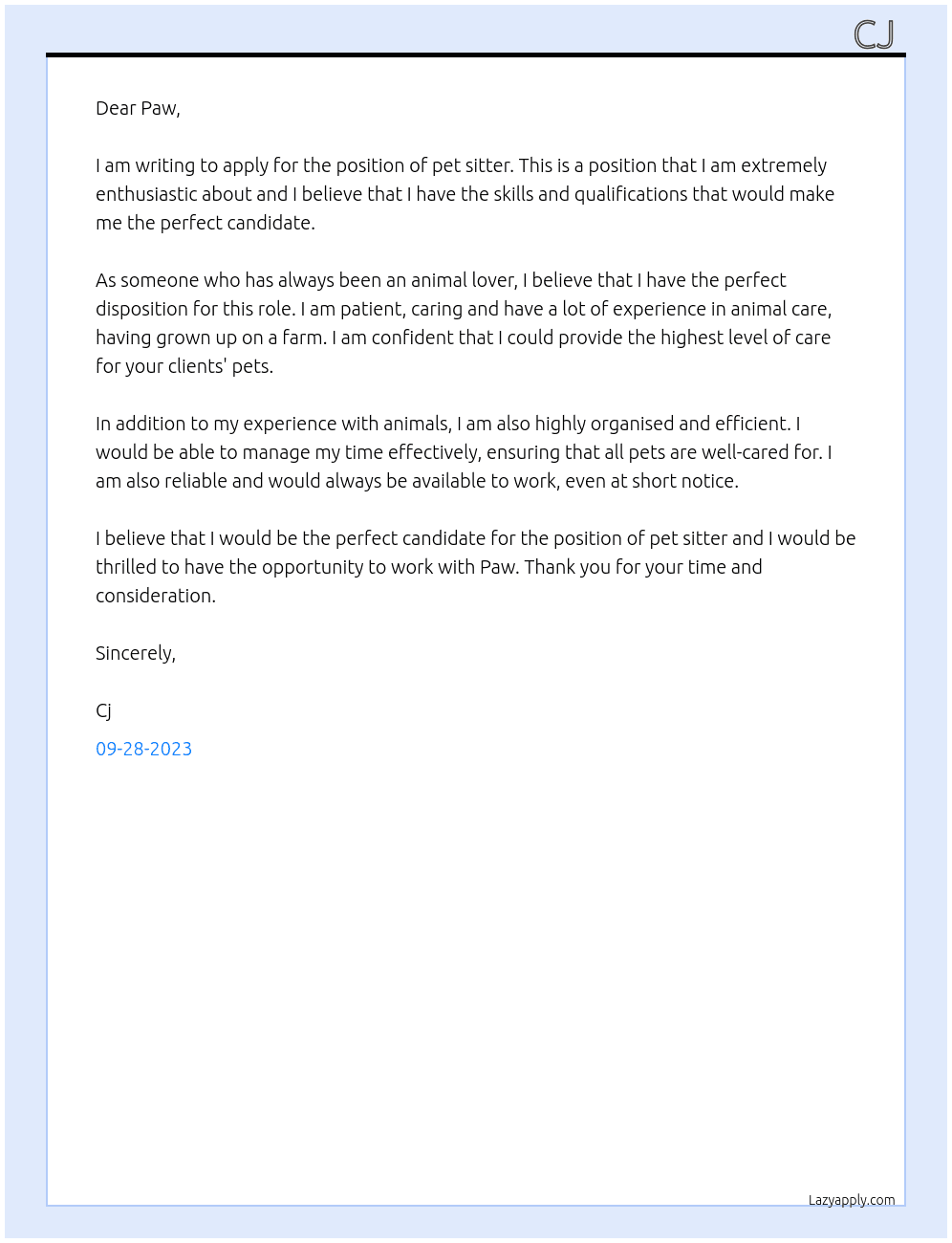 Pet sitter At Paw Cover Letter