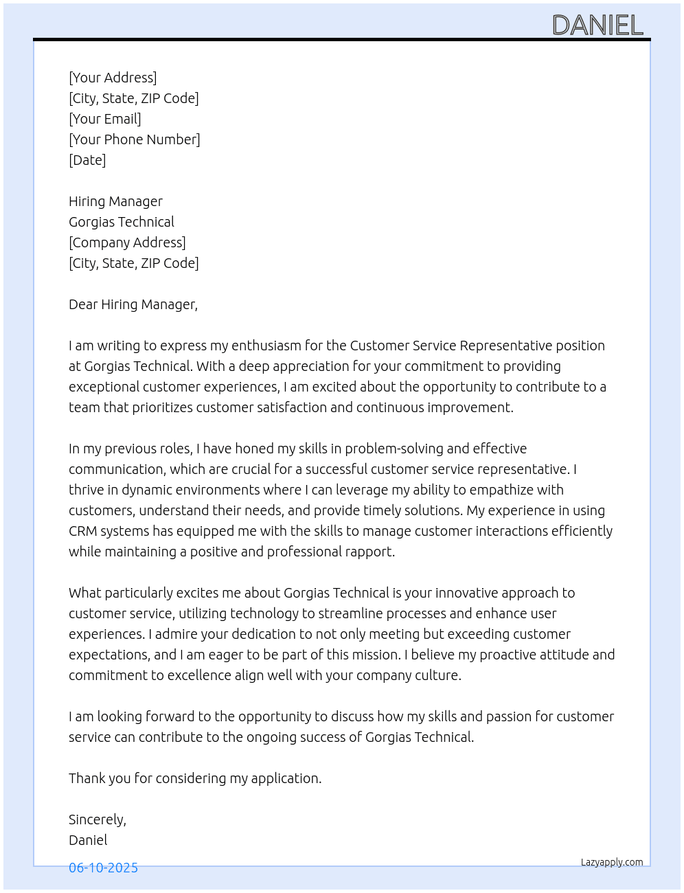 Customer service representative  At Gorgias Technical  Cover Letter