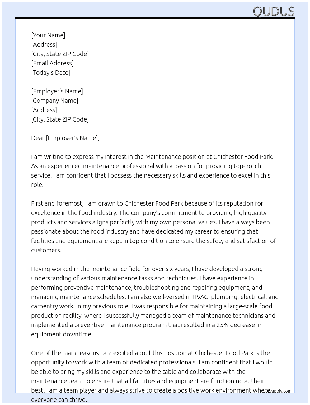 Maintenance  At Chichester Food Park Cover Letter