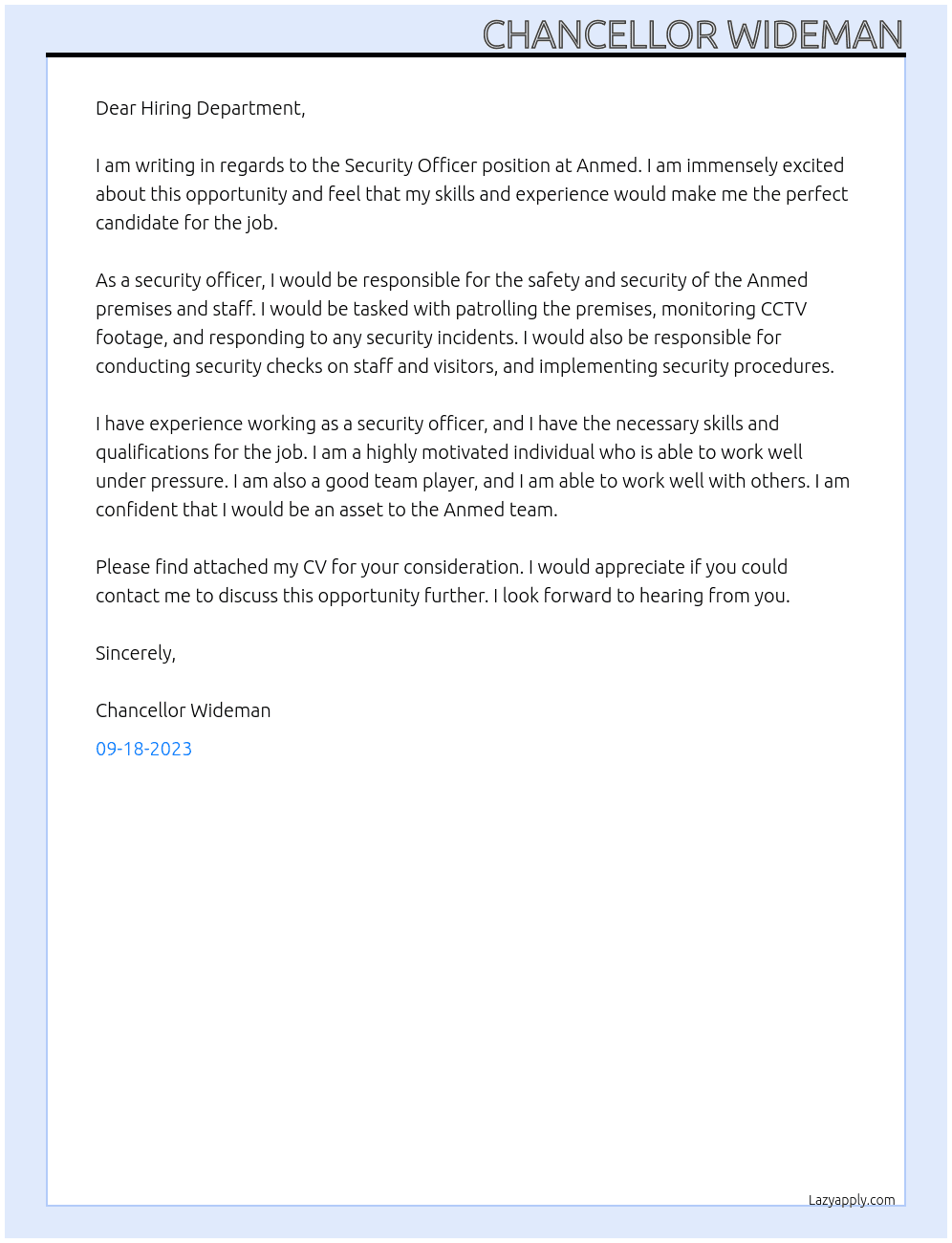 Security Officer At Anmed Cover Letter