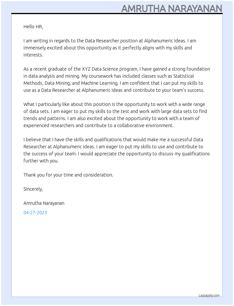 Data Researcher At Alphanumeric ideas Cover Letter