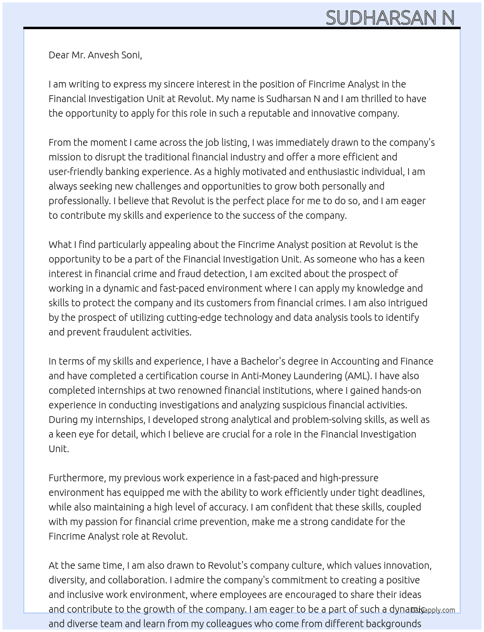 Fincrime Analyst (Financial Investigation Unit) At Revolut  Cover Letter