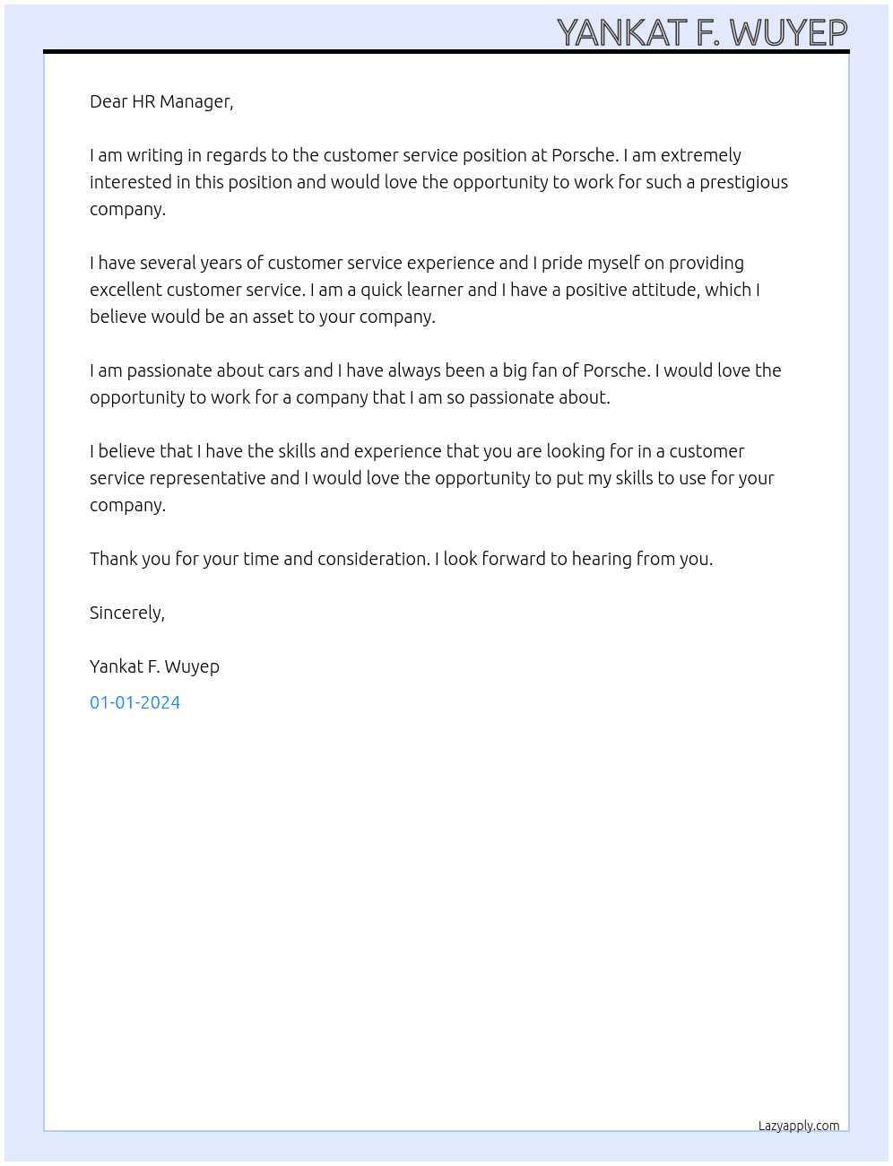 Customer service  At Porsche  Cover Letter