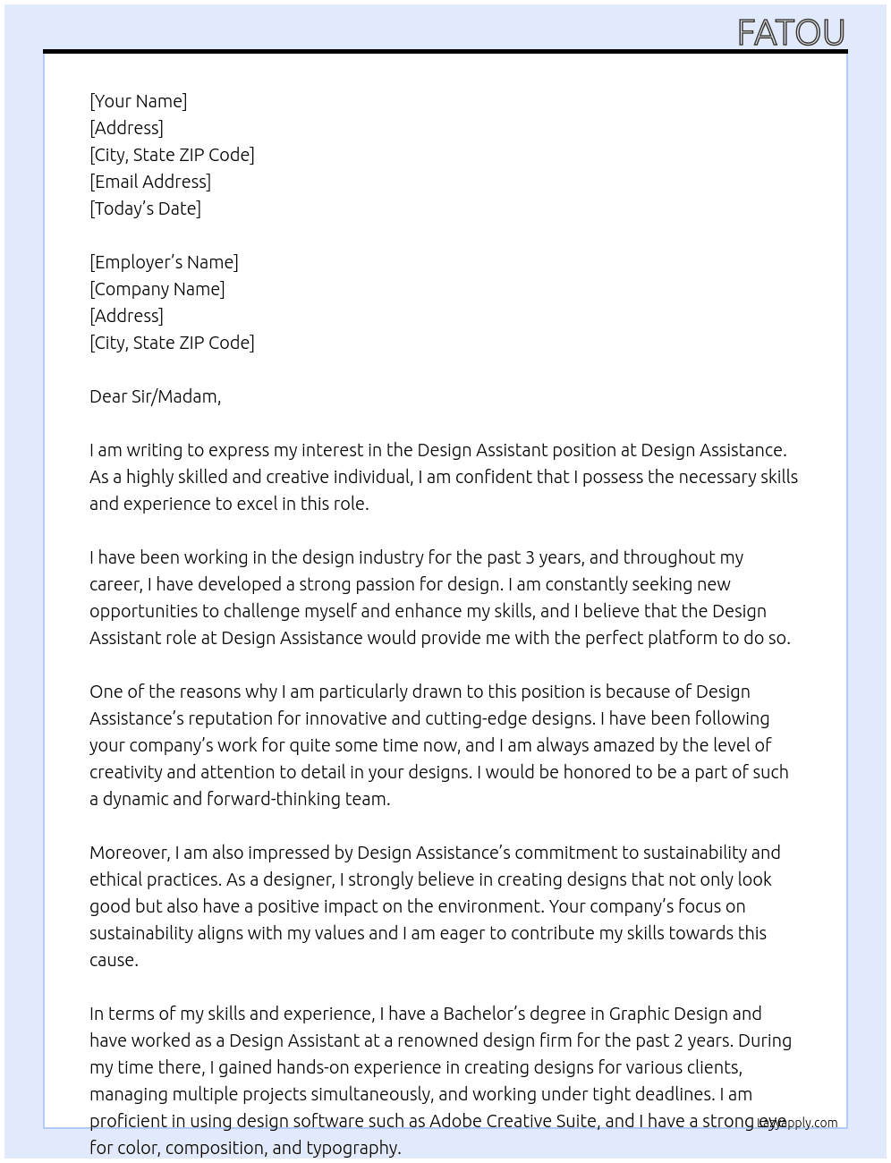 Design assistant At Design assistance  Cover Letter