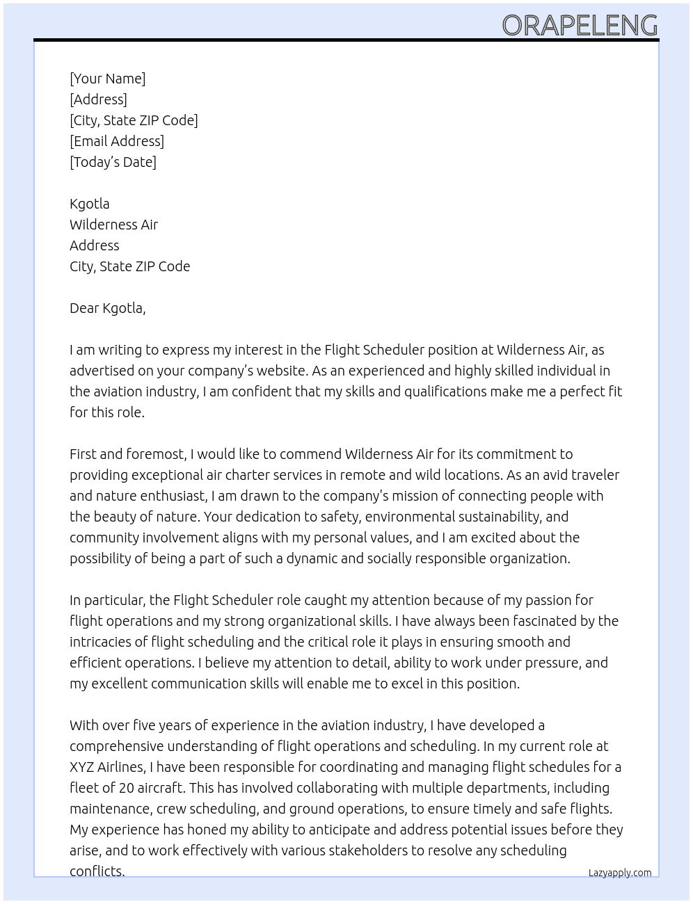 flight scheduler At wilderness air Cover Letter