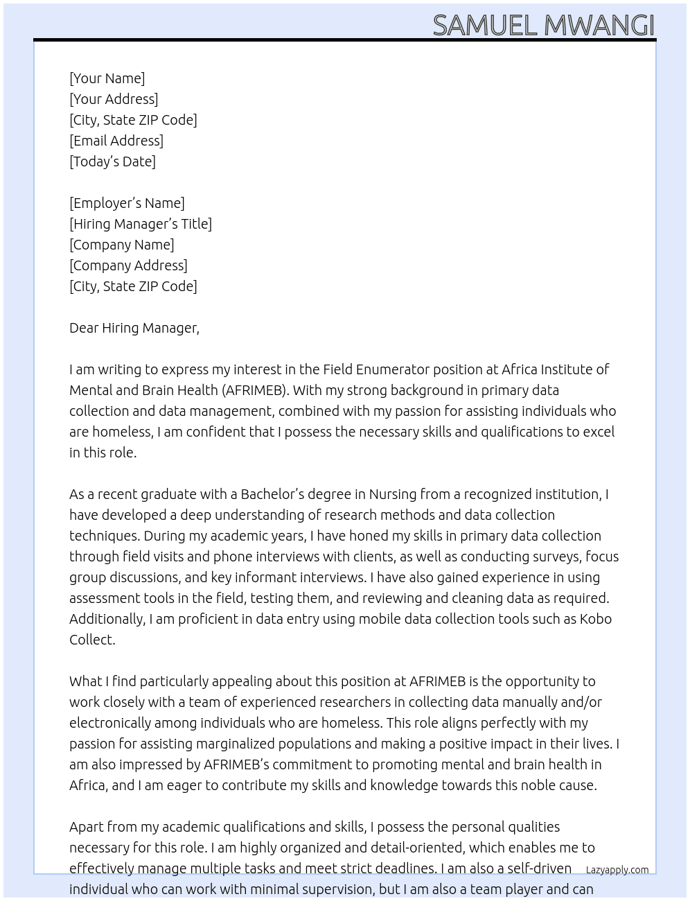 FIELD ENUMERATOR At Africa Institute of Mental and Brain Health (AFRIMEB)  Cover Letter