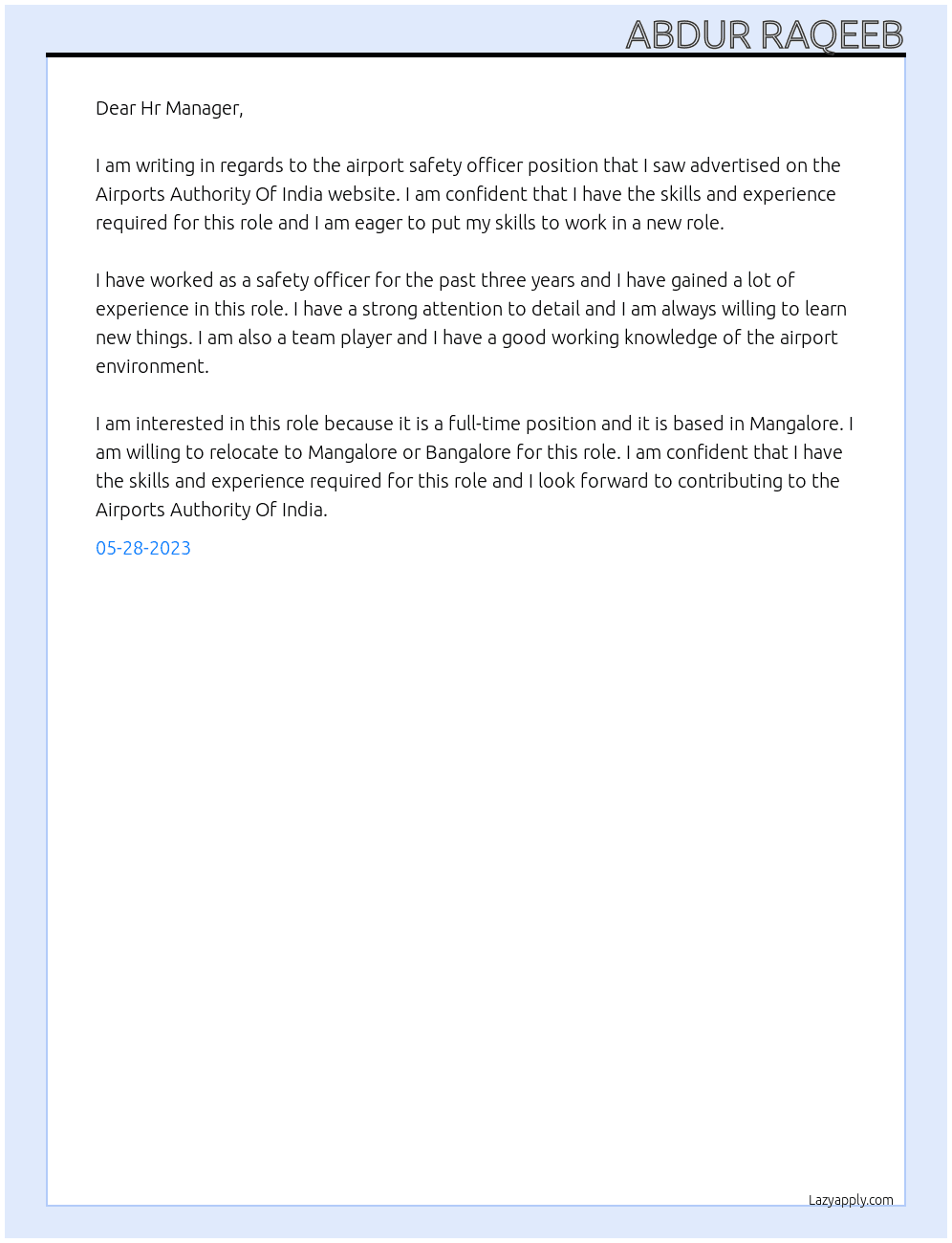 Airport Safety Officer At Airports Authority Of India Cover Letter