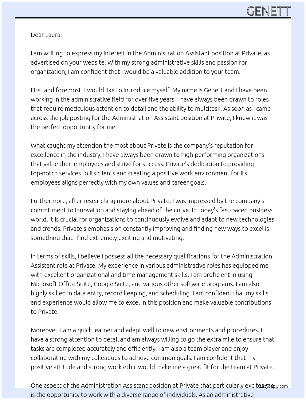 Administration Assistant At Private Cover Letter